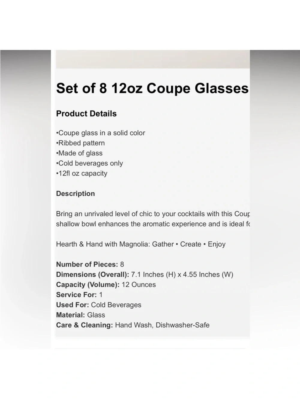**Set of 8** 12oz Coupe Glasses Green - Hearth & Hand with Magnolia NEW IN BOX